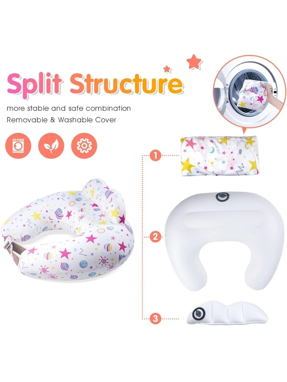Portabuddy Inflatable Nursing Bib Pillow - White with Pink & Yellow Stars